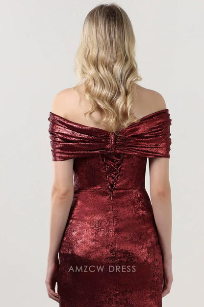 Elegant Strapless Metallic Ruched Slit Mermaid Maxi Dress with Train Prom Dress