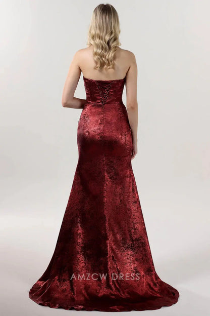 Elegant Strapless Metallic Ruched Slit Mermaid Maxi Dress with Train Prom Dress