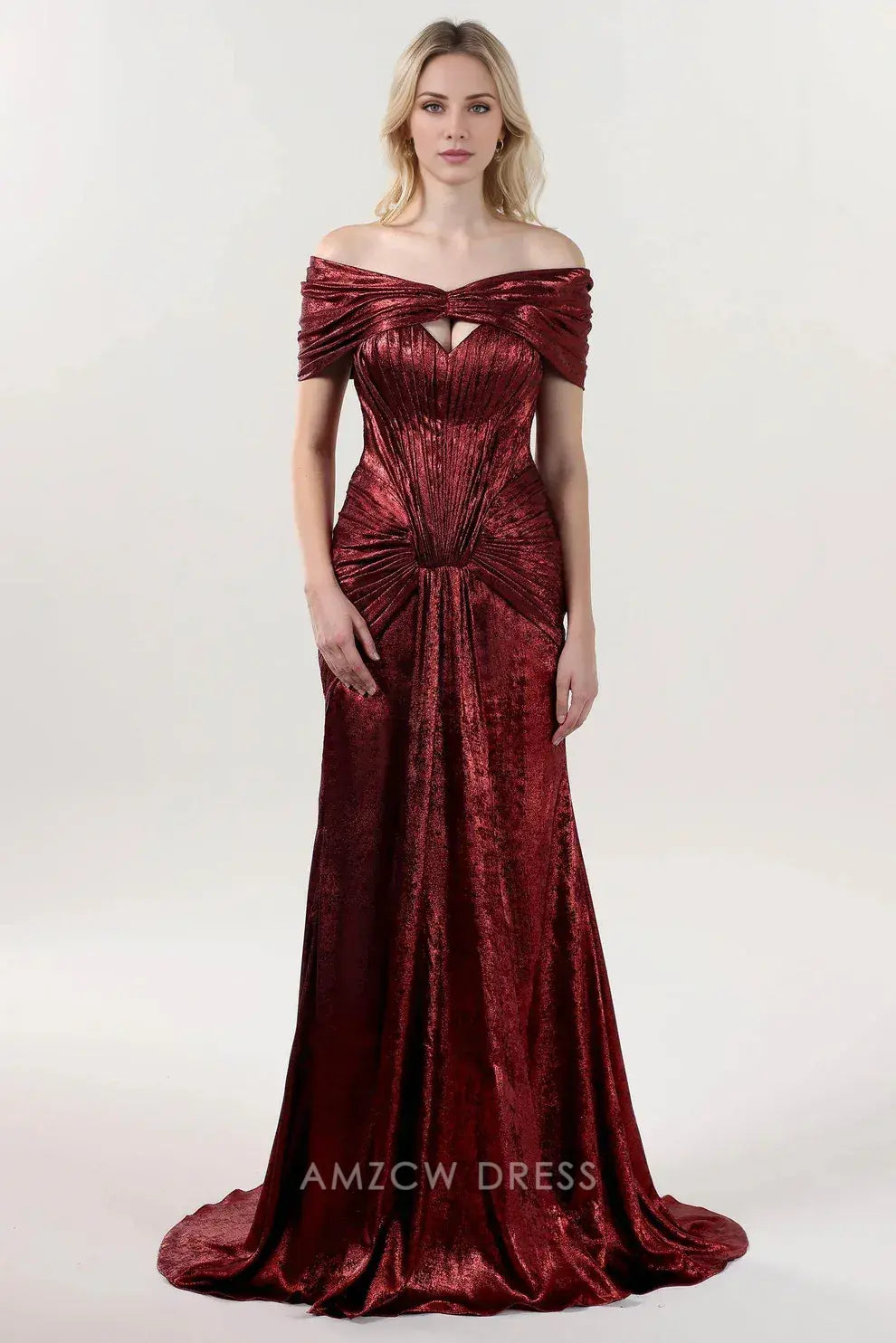 Elegant Strapless Metallic Ruched Slit Mermaid Maxi Dress with Train Prom Dress