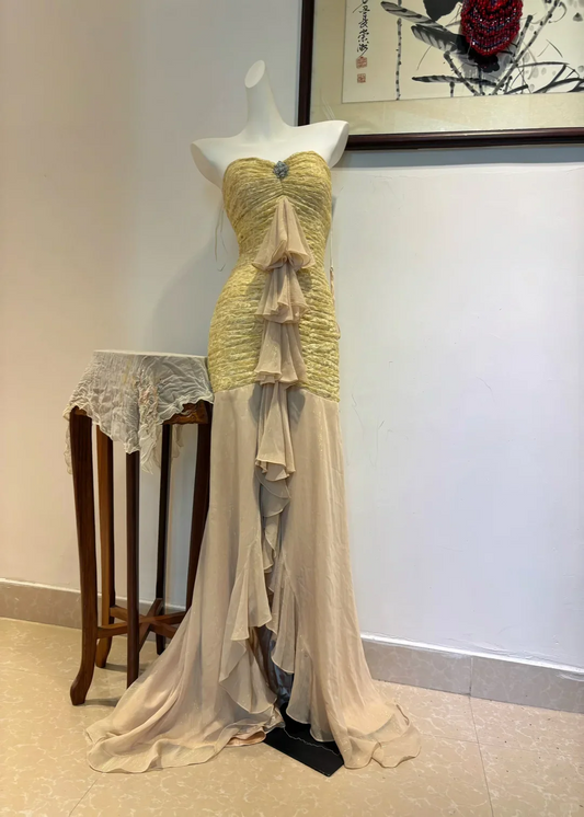 Elegant Strapless Ruched Bodice Rhinestone Accent Ruffle Front Mermaid Train Prom Dress