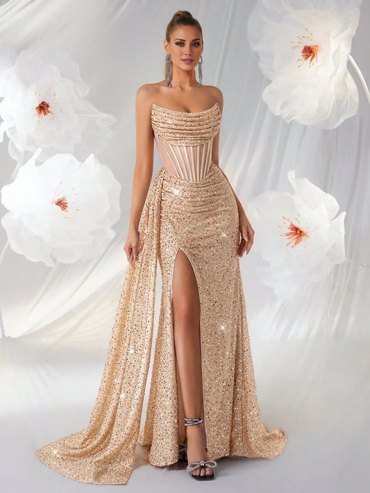 Elegant Strapless Sequin Corset Mermaid Floor-Length Maxi Dress with Train Prom Dress