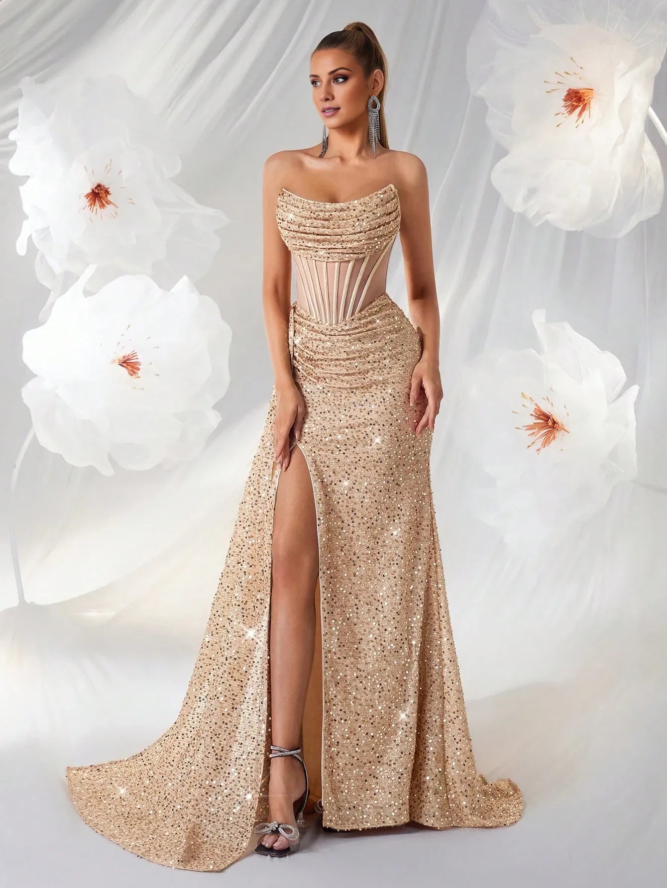 Elegant Strapless Sequin Corset Mermaid Floor-Length Maxi Dress with Train Prom Dress