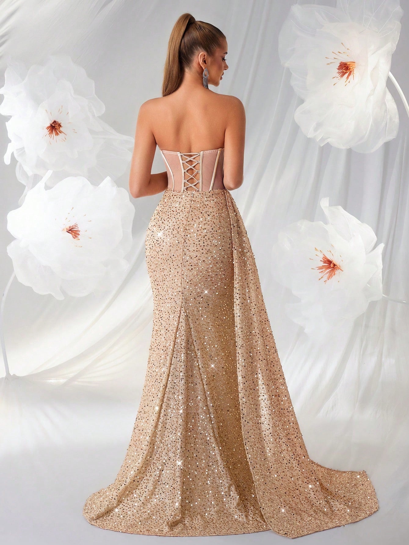 Elegant Strapless Sequin Corset Mermaid Floor-Length Maxi Dress with Train Prom Dress