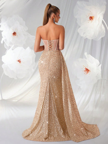 Elegant Strapless Sequin Corset Mermaid Floor-Length Maxi Dress with Train Prom Dress