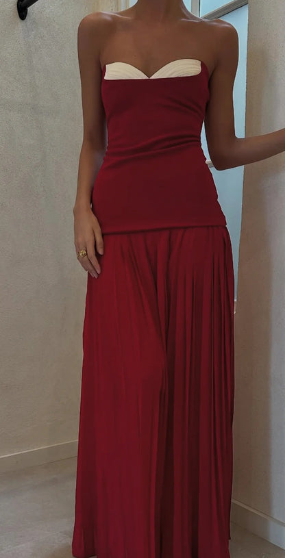 Elegant Strapless Sweetheart Neck Color Block Pleated Wide Leg Evening Dress