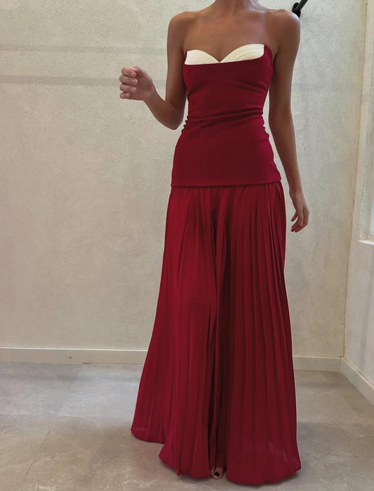 Elegant Strapless Sweetheart Neck Color Block Pleated Wide Leg Evening Dress