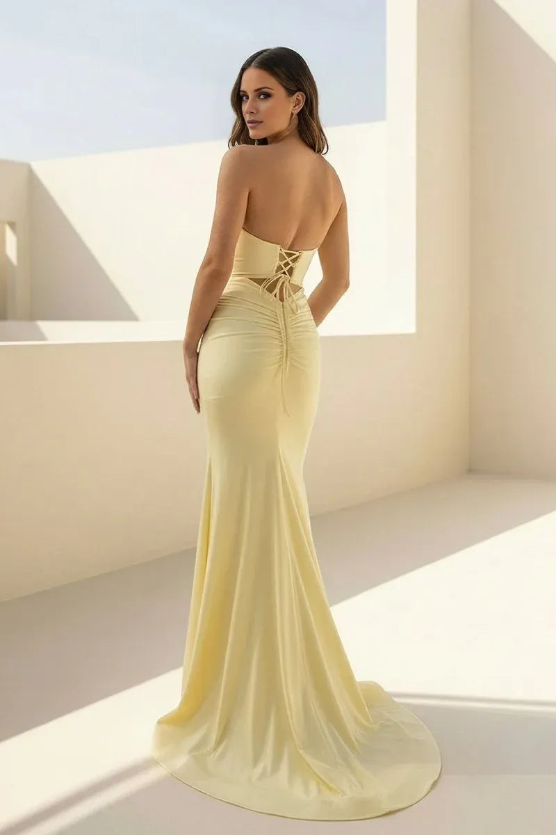 Elegant Strapless Sweetheart Neck Cutout Cross Lace-Up Back Mermaid Train Floor-Length Prom Dress