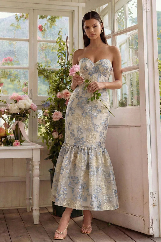 Elegant Strapless Sweetheart Neck Floral Jacquard Lace Up Back Mermaid Midi Prom Dress