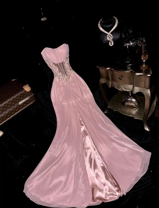 Elegant Strapless Sweetheart Neck Lace Corset High Slit Mermaid Evening Dress