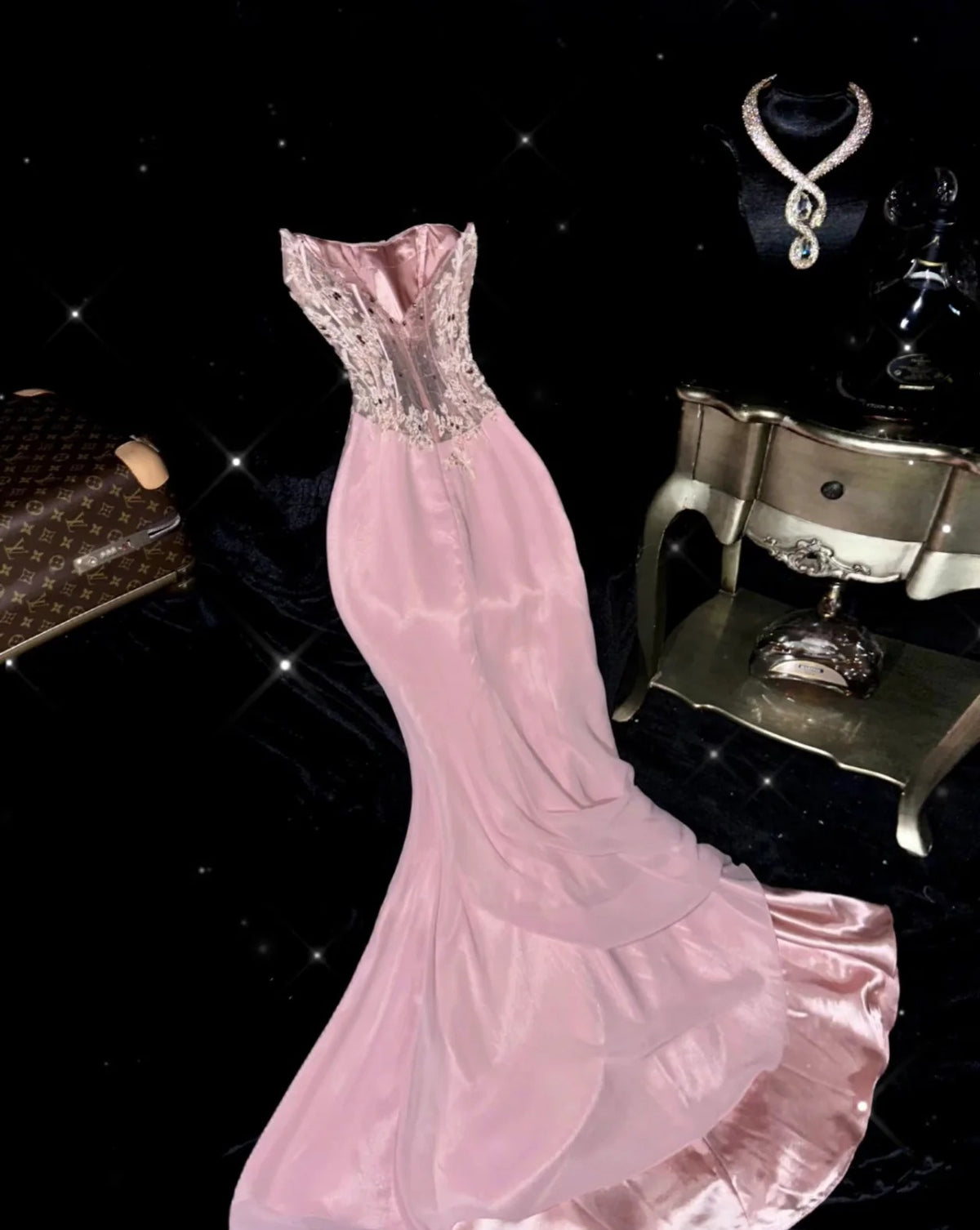 Elegant Strapless Sweetheart Neck Lace Corset High Slit Mermaid Evening Dress