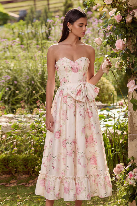 Elegant Strapless Sweetheart Neck Pearl Trim Floral Print Bow Accent Ruffled Hem Midi Prom Dress