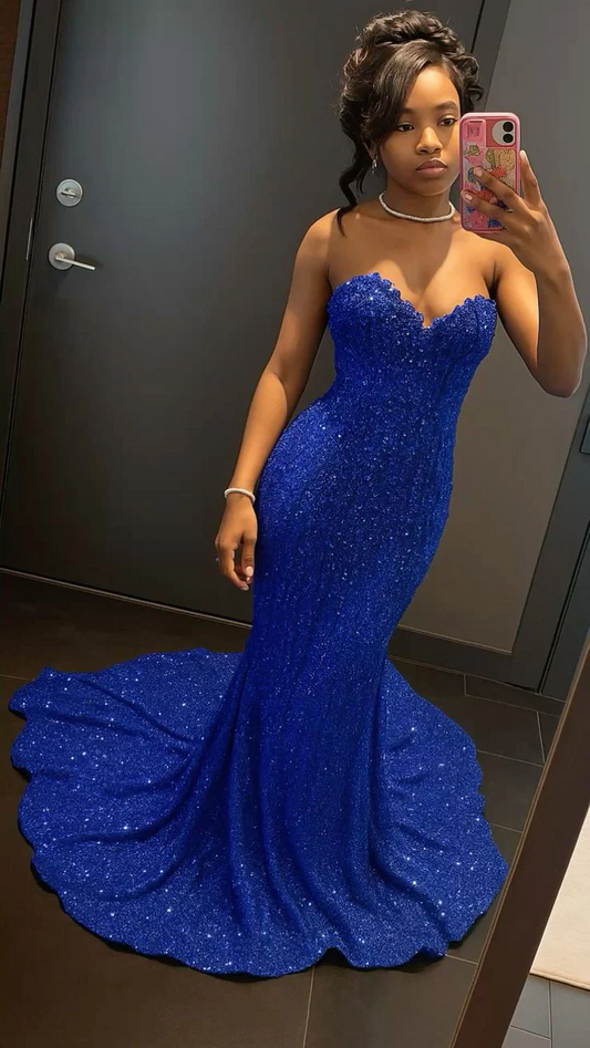 Elegant Strapless Sweetheart Neck Sequin Mermaid Lace Up Back Train Prom Dress