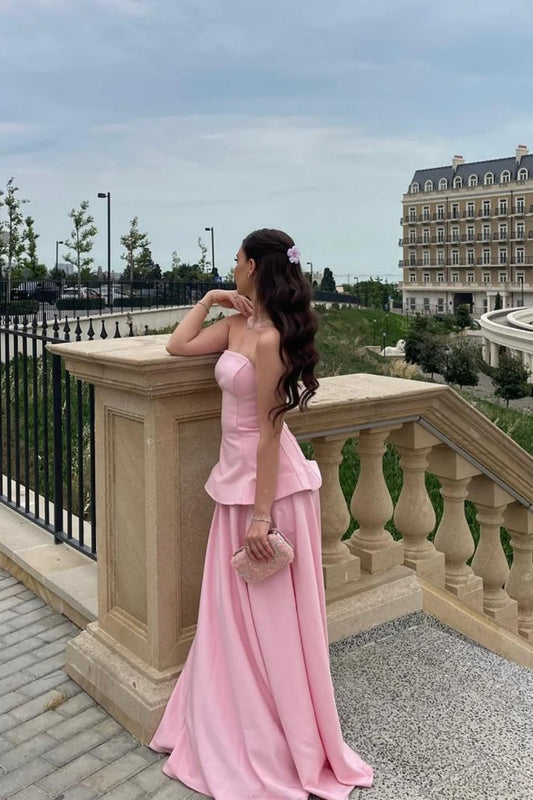 Elegant Strapless Sweetheart Neckline Peplum Waist Detail Smooth Satin Prom Dress with Open Back and Sweep Train
