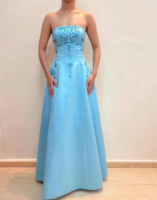 Elegant Strapless Teal Embroidered Lace Up Back Satin Maxi Prom Dress