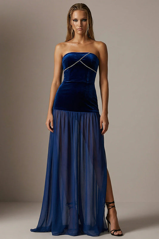 Elegant Strapless Velvet Bodice Rhinestone Embellished Sheer Chiffon High Slit Maxi Prom Dress