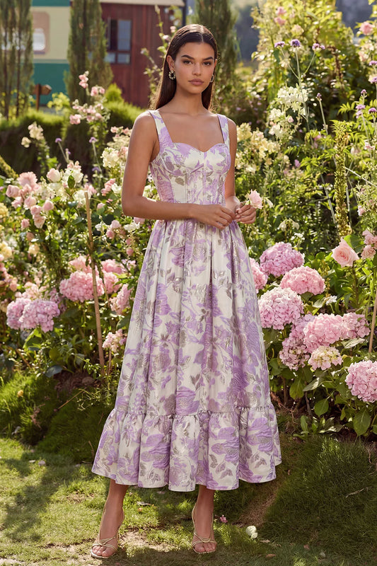 Elegant Sweetheart Neck Corset Bodice Floral Jacquard Ruffled Hem Midi Prom Dress