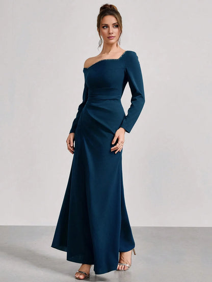 Elegant Teal One-Shoulder Off-The-Shoulder Long Sleeve Stud-Accent Fitted Mermaid Floor-Length Formal Gown Prom Dress