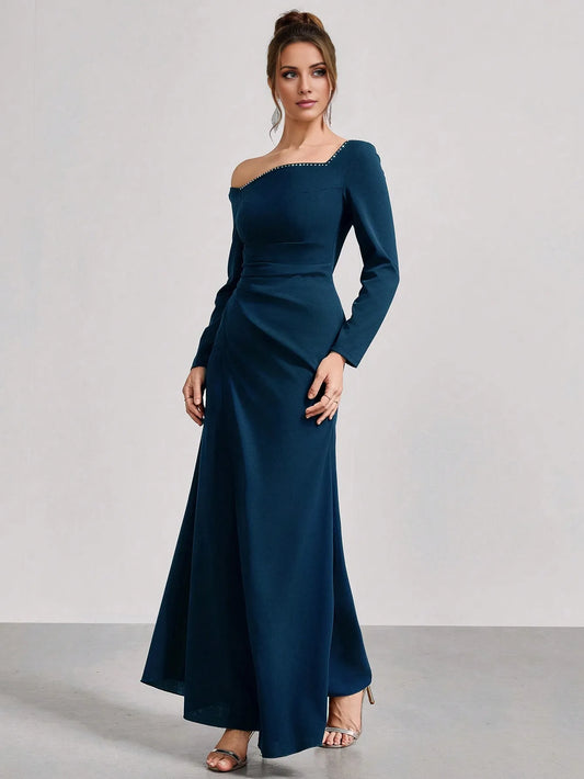 Elegant Teal One-Shoulder Off-The-Shoulder Long Sleeve Stud-Accent Fitted Mermaid Floor-Length Formal Gown Prom Dress