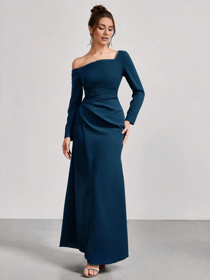 Elegant Teal One-Shoulder Off-The-Shoulder Long Sleeve Stud-Accent Fitted Mermaid Floor-Length Formal Gown Prom Dress