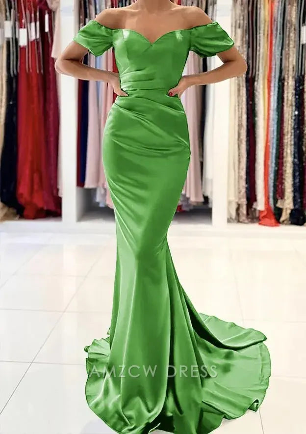 Amzcw Elegantes Vestidos de Fiesta Línea A Satén Verde Azulado con Hombros Descubiertos Mini Vestido Corto Venta Caliente para Mujeres 