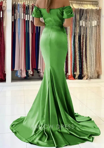 Amzcw Elegantes Vestidos de Fiesta Línea A Satén Verde Azulado con Hombros Descubiertos Mini Vestido Corto Venta Caliente para Mujeres 