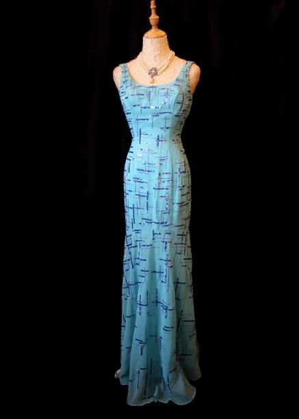 Elegant Turquoise Square Neck Prom Dress With Sleeveless Design And Geometric Sequin Pattern Mermaid Skirt For Formal Evening Party