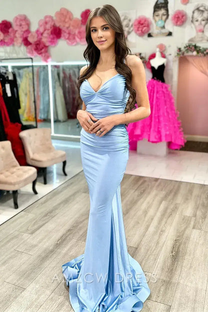 Amzcw Elegant V-Neck Lace-Up Back Mermaid Long Formal Dress