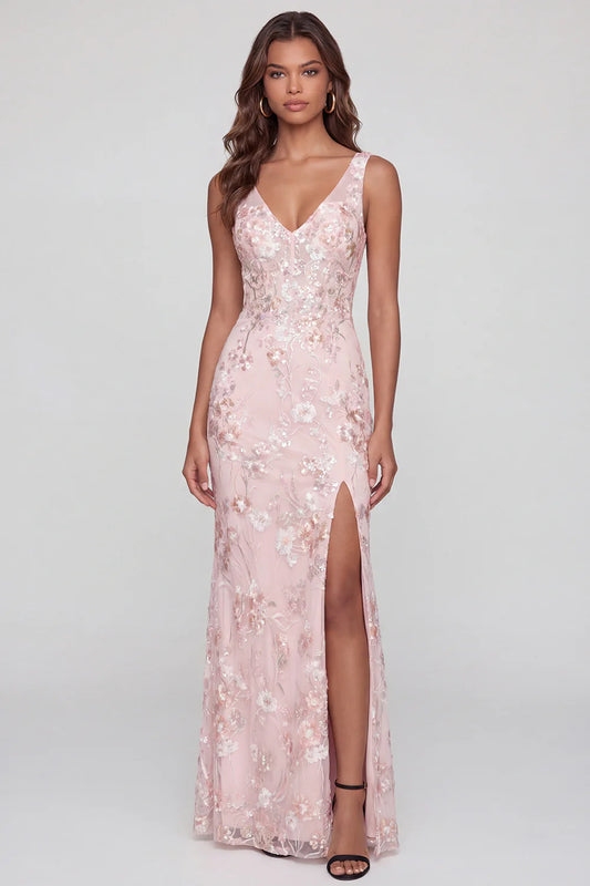 Elegant V Neck Sleeveless Floral Sequin Embellished High Slit Tulle Maxi Prom Dress