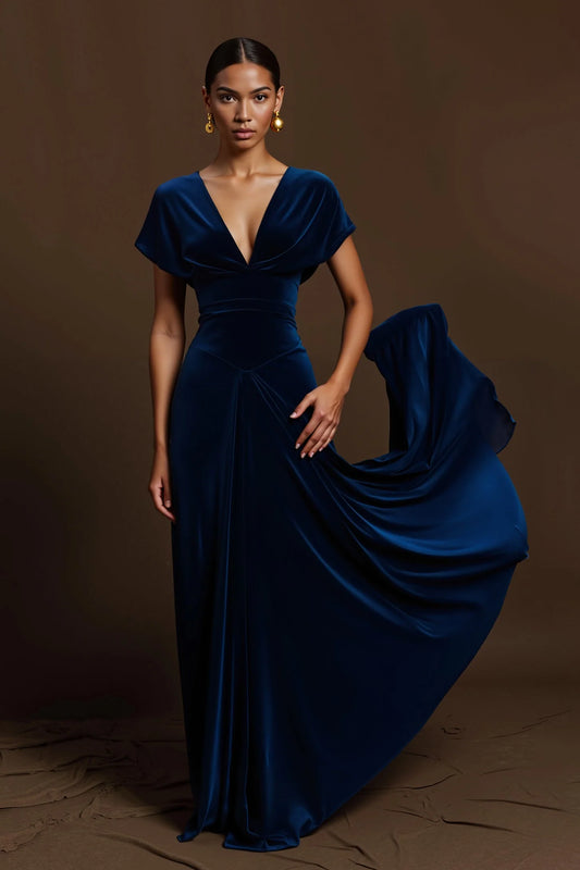 Elegant Velvet Cowl Neck Cap Sleeve Plunge Back Pleated Train Maxi Dress Prom Dress