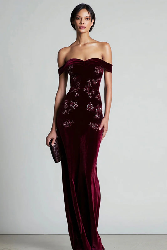 Elegant Velvet Off-the-Shoulder Sweetheart Neck Beaded Floral Applique Column Maxi Dress Prom Dress