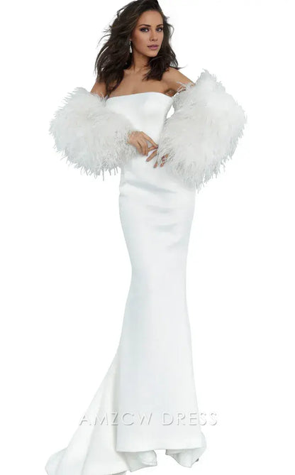 Elegant White Satin Strapless Feather-Trimmed Sleeve Mermaid Formal Gown Prom Dress（Without feather sleeves）
