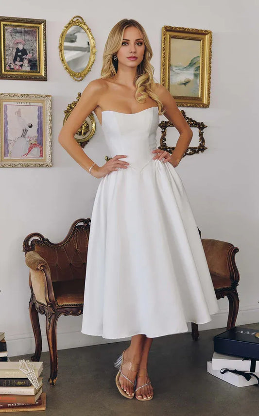Elegant White Satin Strapless Sweetheart Neckline Fit-and-Flare Tea-Length Wedding Dress Prom Dress