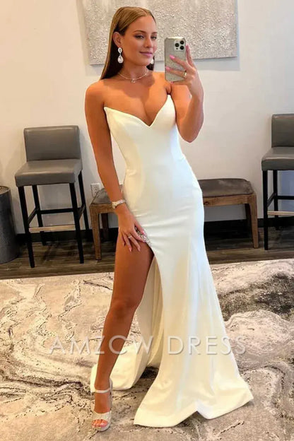Amzcw Elegant White Strapless Mermaid Long Prom Dress with Bead Trimmed Slit