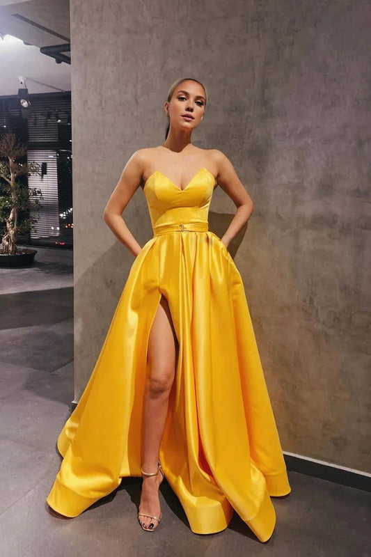 Amzcw Elegant Yellow satin long prom dress simple yellow bridesmaid dress formal wear dresses