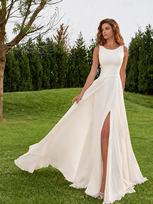 Elegant A-Line Boat Neck Sleeveless High Slit Ivory Floor-Length Prom Gown
