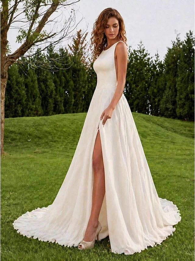 Elegant A-Line Boat Neck Sleeveless High Slit Ivory Floor-Length Prom Gown