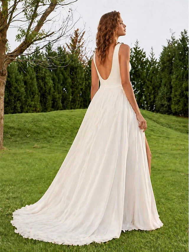 Elegant A-Line Boat Neck Sleeveless High Slit Ivory Floor-Length Prom Gown