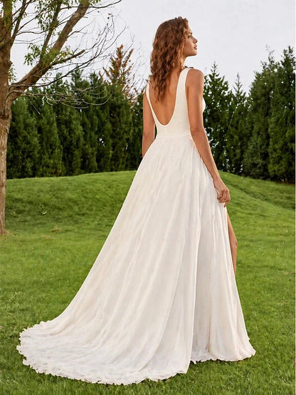 Elegant A-Line Boat Neck Sleeveless High Slit Ivory Floor-Length Prom Gown