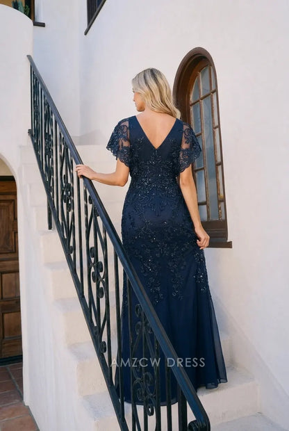 Elegant A-Line Embellished Boat Neck Short Sleeve Navy Blue Floor-Length Prom Gown