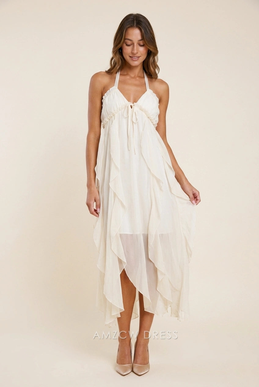 Elegant A-Line Halter Ruffled Backless Light Beige Midi Prom Dresses