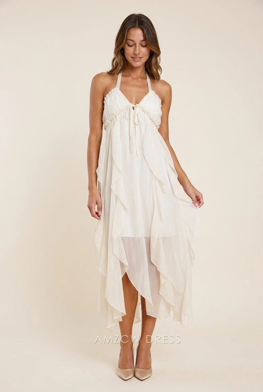 Elegant A-Line Halter Ruffled Backless Light Beige Midi Prom Dresses