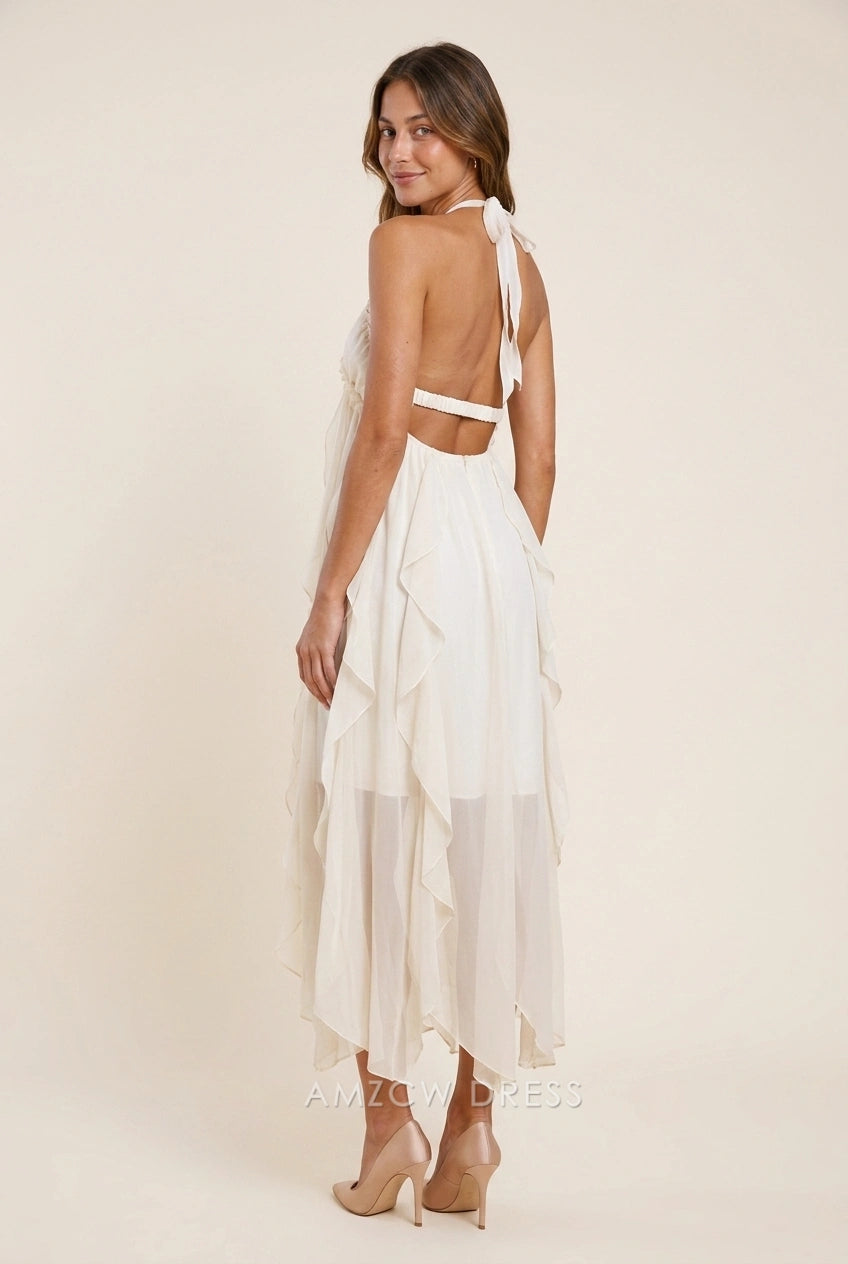 Elegant A-Line Halter Ruffled Backless Light Beige Midi Prom Dresses