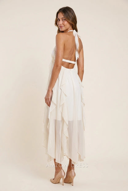 Elegant A-Line Halter Ruffled Backless Light Beige Midi Prom Dresses