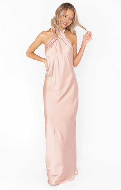 Elegant A-Line Halter Sleeveless Backless Draped Blush Floor-Length Prom Dresses