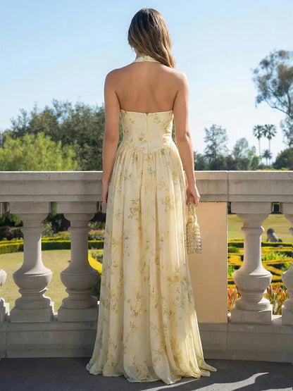 Elegant A-Line Halter Sleeveless Floral High Slit Pale Yellow Floor-Length Prom Gown