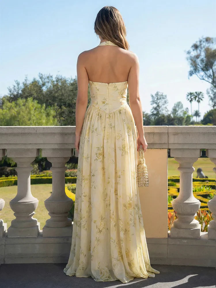 Elegant A-Line Halter Sleeveless Floral Slit Yellow Floor-Length Prom Dress
