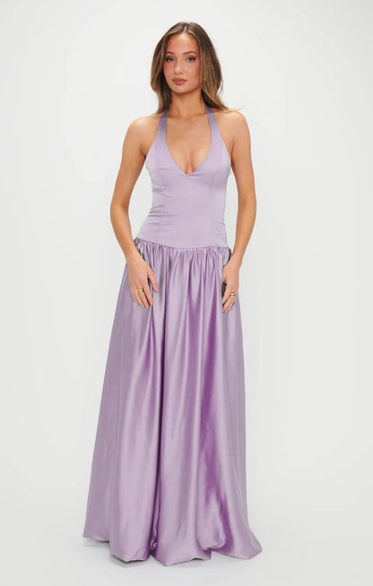 Elegant A-Line Halter Sleeveless Flowy Backless Lavender Floor-Length Prom Gown