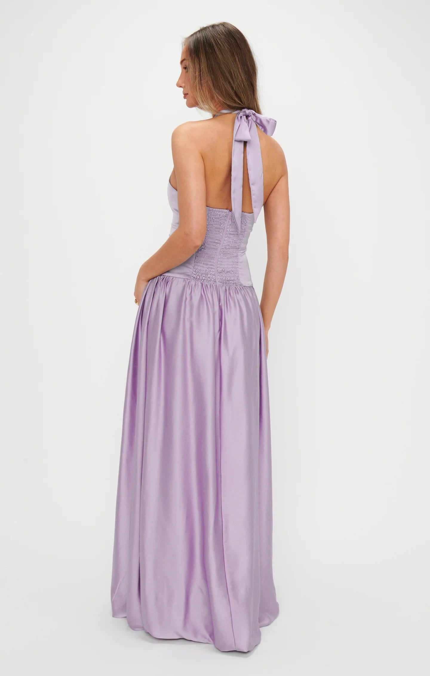 Elegant A-Line Halter Sleeveless Flowy Backless Lavender Floor-Length Prom Gown