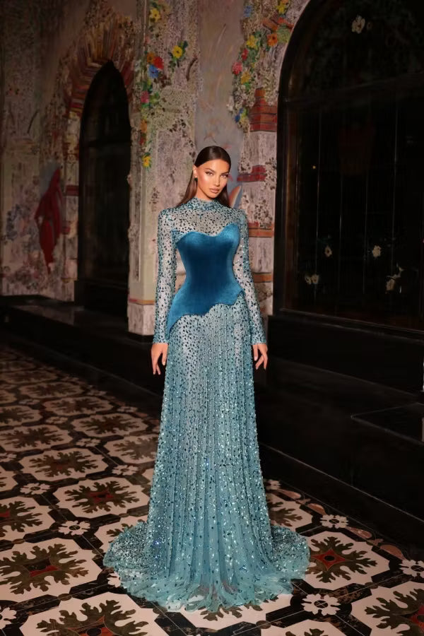 Elegant A-Line High Neck Long Sleeve Sparkling Teal Floor Length Prom Gown