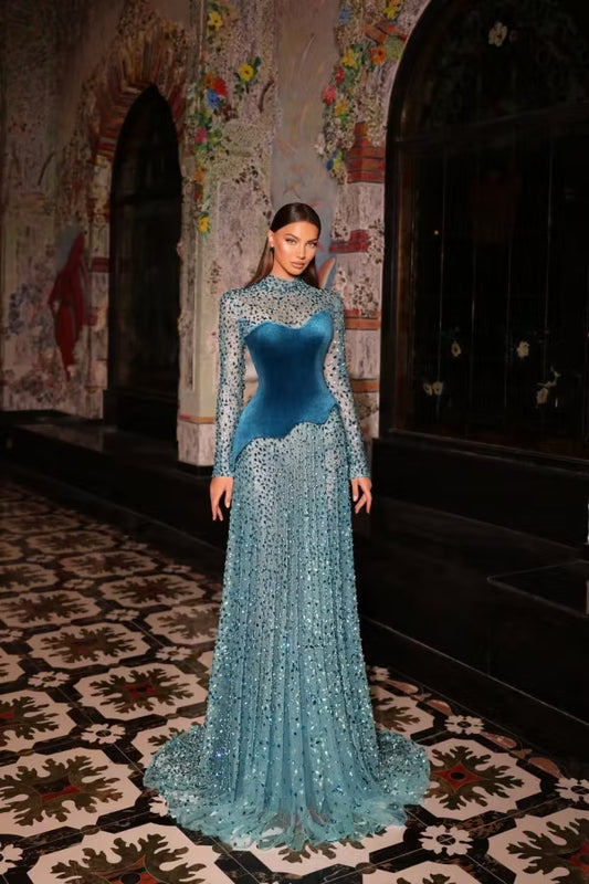 Elegant A-Line High Neck Long Sleeve Sparkling Teal Floor Length Prom Gown